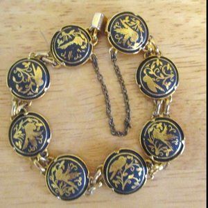 Vintage Spanish Demascene Bracelet, Gold&Black Birds, Round Links, Safety Chain